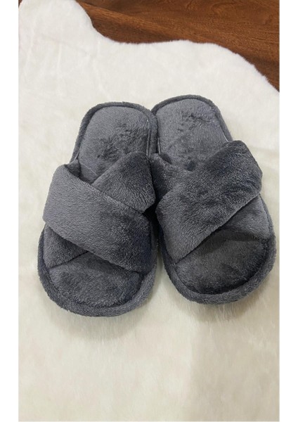 Kadın Ev Terliği Çapraz Bant Peluş Gri 37 Numara