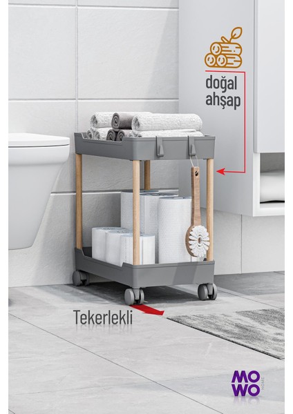 Mowo 2 Katlı Tekerlekli Banyo Rafı Tuvalet Kağıtlık Havluluk Deterjanlık Makyaj Organizer