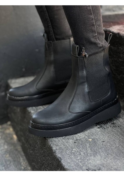 KB-0992 Siyah Cilt Siyah Yüksek Taban Lastikli Erkek Bot
