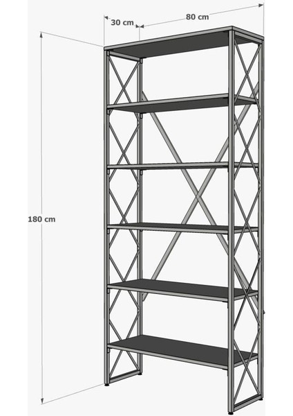 Ferforje Beyaz Ahşap 5 Raflı Kitaplık 80X30X180