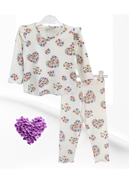 Kız Çocuk Fırfırlı %100 Cotton Çiçekli Kalp Desenli Alt / Üst Takım