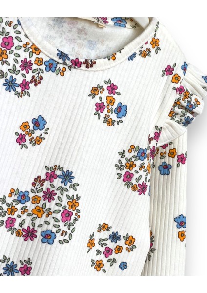 Kız Çocuk Fırfırlı %100 Cotton Çiçekli Kalp Desenli Alt / Üst Takım