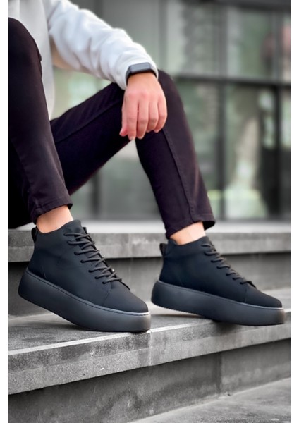 LE10 Bağcıklı Erkek Yüksek Siyah Taban Siyah Spor Bot