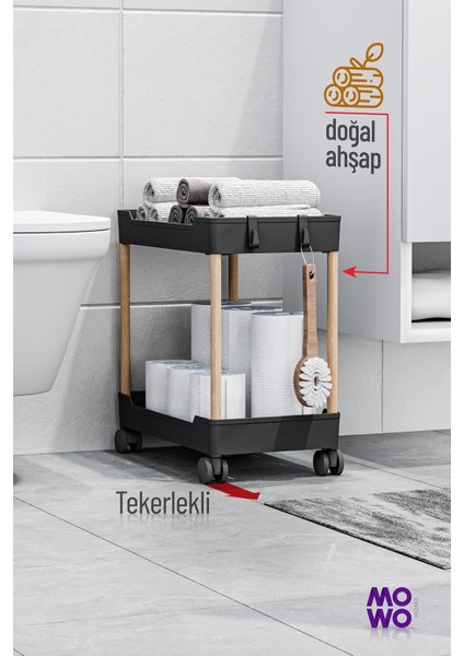 Mowo 2 Katlı Tekerlekli Banyo Rafı Tuvalet Kağıtlık Havluluk Deterjanlık Makyaj Organizer