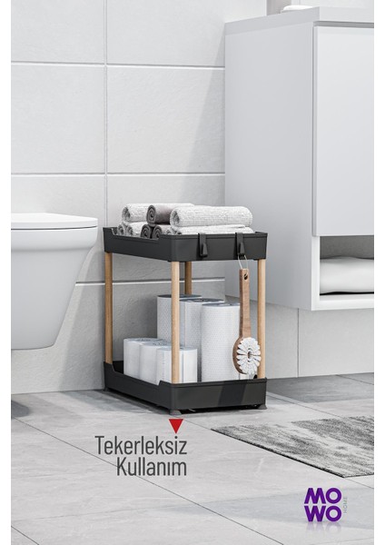 Mowo 2 Katlı Tekerlekli Banyo Rafı Tuvalet Kağıtlık Havluluk Deterjanlık Makyaj Organizer