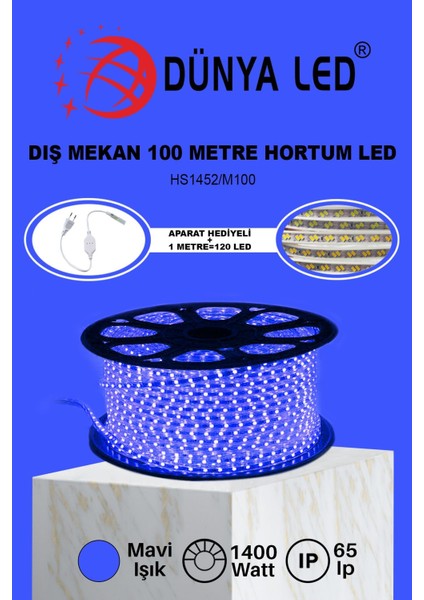 Meg Light Store 220V Trafosuz Mavi Şerit LED 100MT