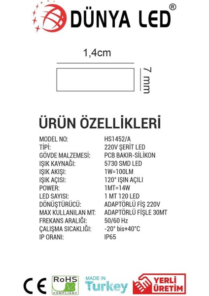 Meg Light Store 220V Trafosuz Amber Şerit LED 1mt