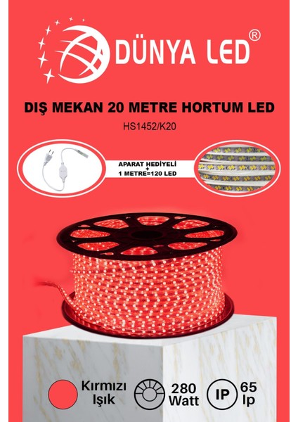 Meg Light Store 220V Trafosuz Kırmızı Şerit LED 20MT