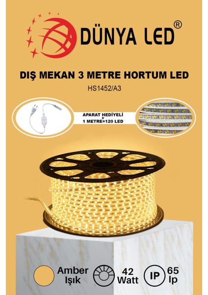 Meg Light Store 220V Trafosuz Amber Şerit LED 3mt