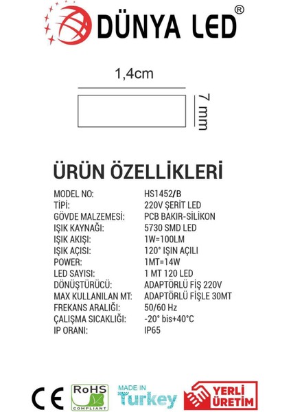 Meg Light Store 220V Trafosuz Beyaz Şerit LED 3mt