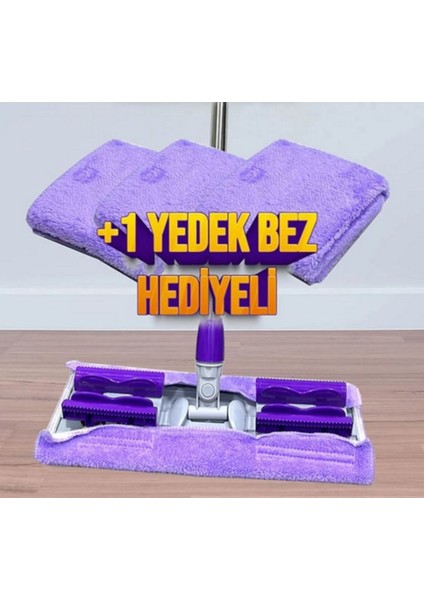 Teleskopik mikrofiber mandallı mop seti + yedek bez, pratik temizlik sağlar, mor renk
