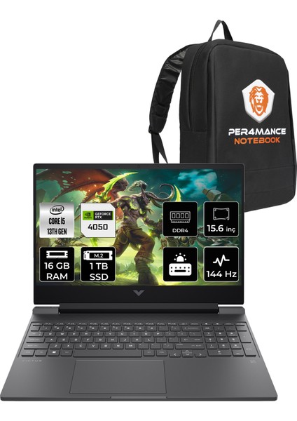 Hp Victus 15 Intel Core I5 13420H 16GB 1tb SSD RTX4050/6GB 15.6" Fhd 144Hz Fdos Taşınabilir Bilgisayar & Per4 Çanta A0BH2EAPN313