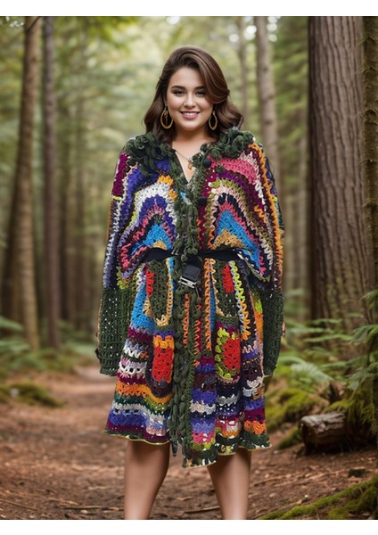 Hippybutik Çok Renkli Kapüşonlu El Örgüsü Uzun Astarsız Büyük Beden Hırka/kaban