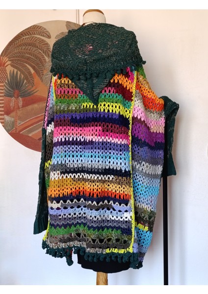 Hippybutik Çok Renkli Kapüşonlu El Örgüsü Uzun Astarsız Büyük Beden Hırka/kaban