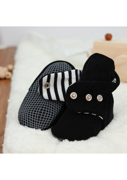 Fitilli Kadife Bebek Pandufu, Kaydırmaz Taban, Çizgili Kreş Ayakkabısı, Organik Pamuk Patik, Siyah fiyatları