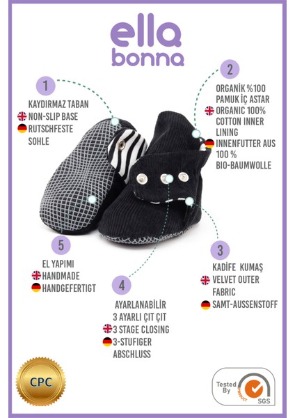 Fitilli Kadife Bebek Pandufu, Kaydırmaz Taban, Çizgili Kreş Ayakkabısı, Organik Pamuk Patik, Siyah modelleri