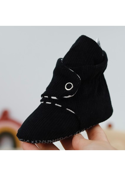 Fitilli Kadife Bebek Pandufu, Kaydırmaz Taban, Çizgili Kreş Ayakkabısı, Organik Pamuk Patik, Siyah fırsatları