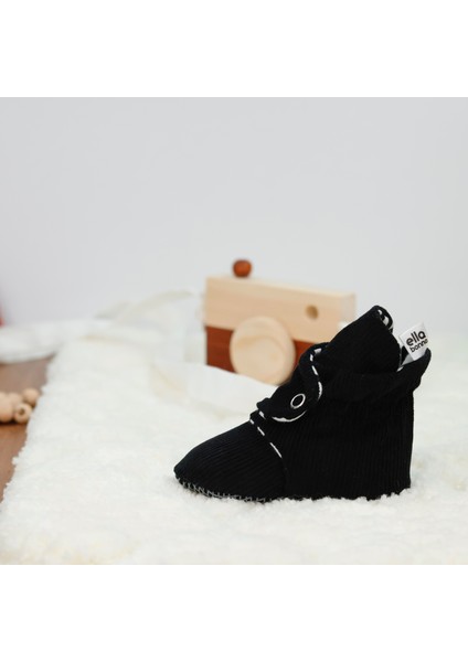 Fitilli Kadife Bebek Pandufu, Kaydırmaz Taban, Çizgili Kreş Ayakkabısı, Organik Pamuk Patik, Siyah