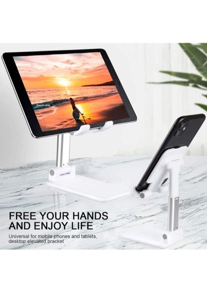 Masa Üstü Telefon Standı & Masa Üstü Tablet Standı Kademeli Yükseklik Ayarlı Stant-Beyaz