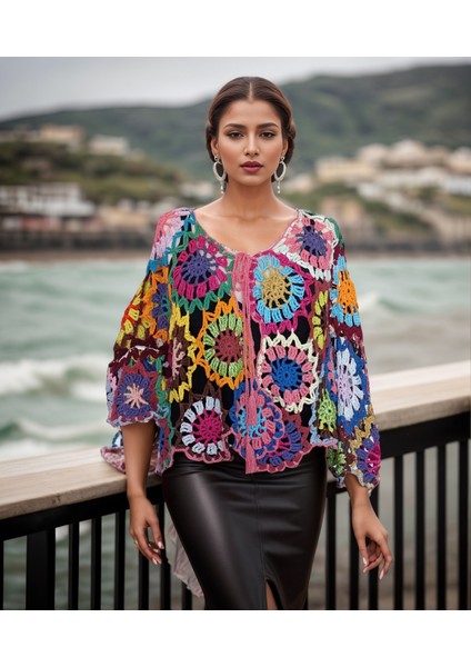 Hippybutik Çiçek Motifli Çok Renkli El Örgüsü Asimetrik Hırka