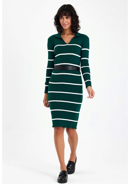 Kadın Haki Çizgili V Yaka Kemerli Diz Boyu Triko Elbise fiyatları