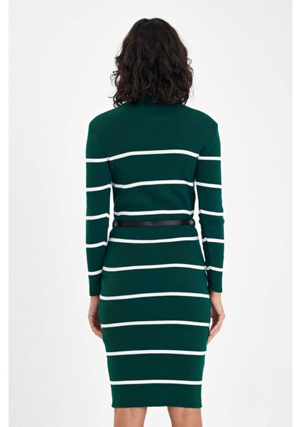 Kadın Haki Çizgili V Yaka Kemerli Diz Boyu Triko Elbise indirimleri