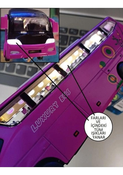 Metal Yolcu Otobüsü Dıecast Koleksiyon Sesli Işıklı Far Yanar Otobüs Kapı Bagaj Açılır Pembe Bus