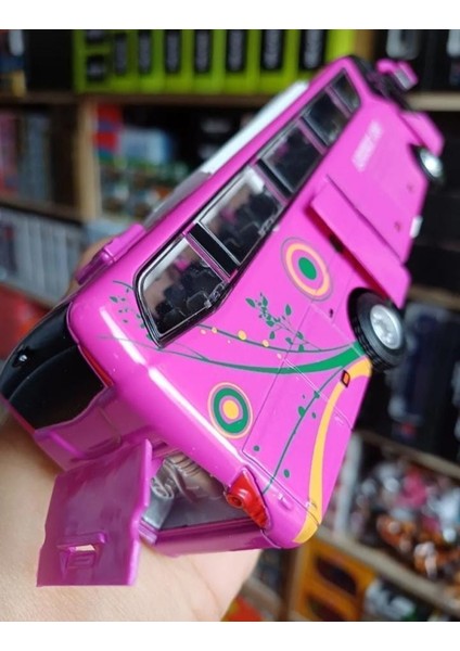 Metal Yolcu Otobüsü Dıecast Koleksiyon Sesli Işıklı Far Yanar Otobüs Kapı Bagaj Açılır Pembe Bus