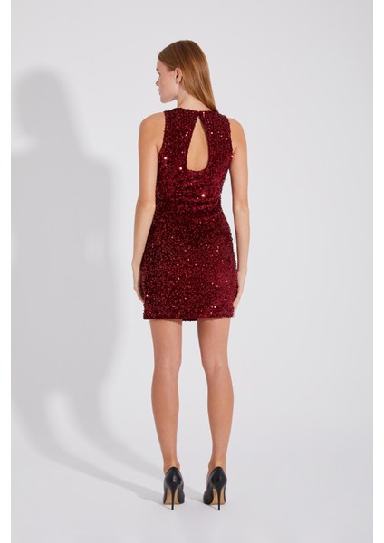 Party Elbisesi Bordo Pul Payetli Kadife Kumaş Sırt Dekolteli Mini Elbise modelleri
