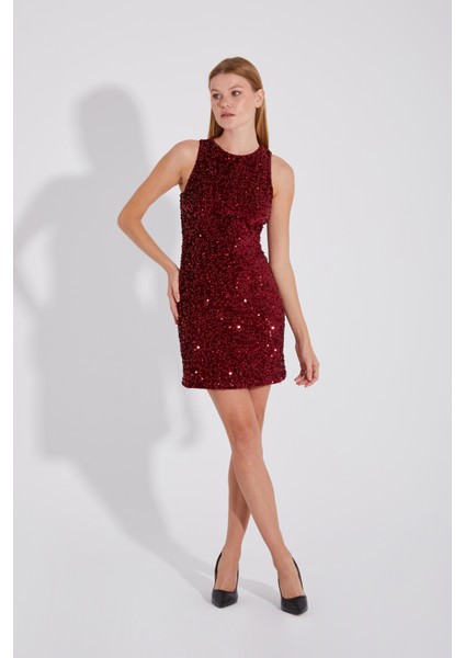 Party Elbisesi Bordo Pul Payetli Kadife Kumaş Sırt Dekolteli Mini Elbise fırsatları