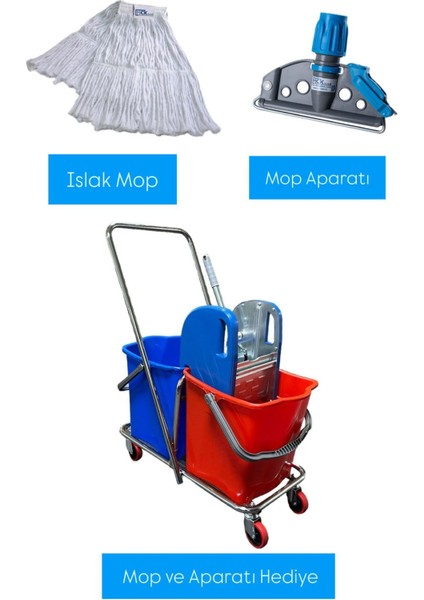 Mck Krom Çift Kovalı Çelik Presli Temizlik Paspas Arabası Temizlik Seti Mop ve Aparat Hediye