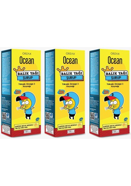 Orzax Ocean Balık Yağı Şurubu Karışık Meyve Aromalı 150ML 3'lü Paket