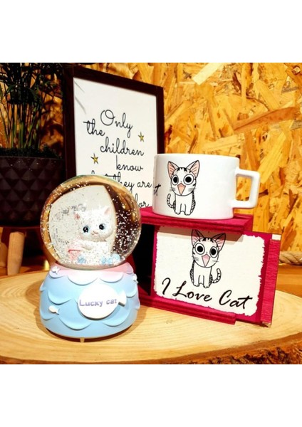 Sevimli Kedi Işıklı Müzikli Kar Küresi ve I Love Cat Kupa Arkadaşa Hediye