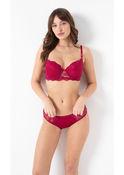 Bordo Dantelli Destekli Balenli Premium Sütyen Takımı
