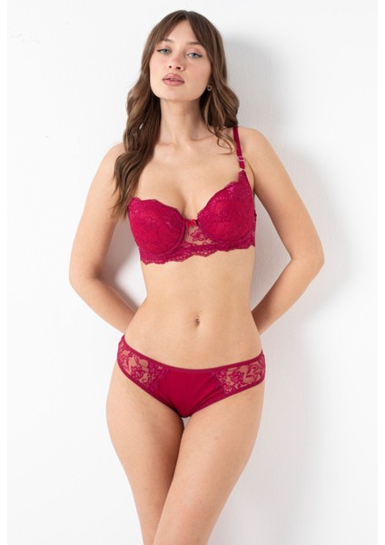 Bordo Dantelli Destekli Balenli Premium Sütyen Takımı