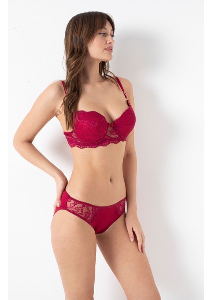 Bordo Dantelli Destekli Balenli Premium Sütyen Takımı