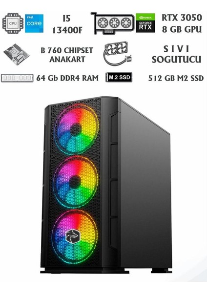 Poison B760 Çipset I5 13400F Rtx 3050 8gb / 64GB Ram 512GB M2 Nvme Oyuncu Bilgisayarı