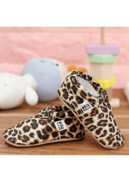 Desenli Bebek Patiği, Kaydırmaz Taban, Ev Kreş Ayakkabısı Panduf, Leopar Desenli