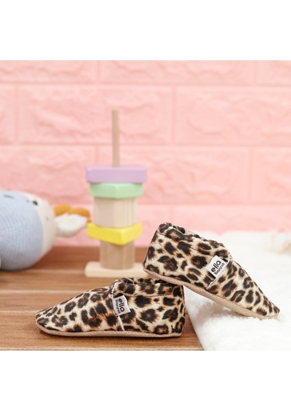 Desenli Bebek Patiği, Kaydırmaz Taban, Ev Kreş Ayakkabısı Panduf, Leopar Desenli
