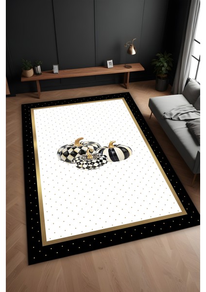 Dijital Baskı Gold Renkli Puantiyeli Bal Kabağı Desenli Makinada Yıkanabilir Salon ve Yolluk Halısı