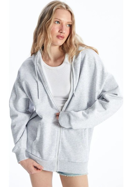 Xsıde gri Melanj Kapüşonlu Oversize Kadın Fermuarlı Sweatshirt