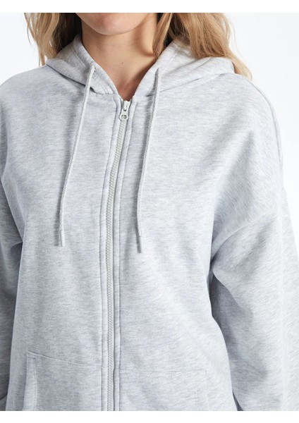 Xsıde gri Melanj Kapüşonlu Oversize Kadın Fermuarlı Sweatshirt fiyatları