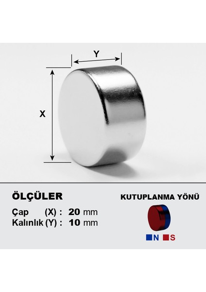 Neodyum Mıknatıs Çap 20 mm Kalınlık 10 mm D 20 x 10 mm Çok Güçlü Yuvarlak Mıknatıs 2 Adet