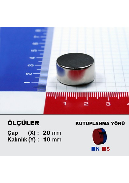 Neodyum Mıknatıs Çap 20 mm Kalınlık 10 mm D 20 x 10 mm Çok Güçlü Yuvarlak Mıknatıs 2 Adet