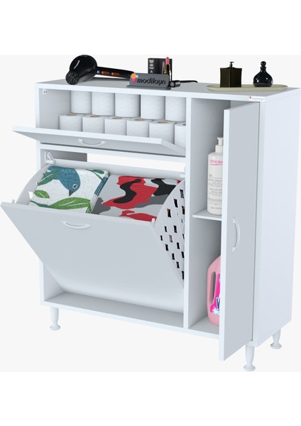 MODİLAYN YENİCE Çok Amaçlı Banyo Dolabı 90 x 97.5 x 32 cm Kirli Çamaşır Sepetli Dolap