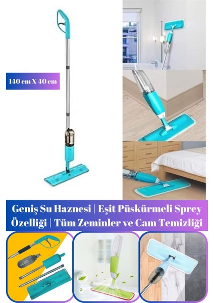 360 ° Döner Başlı | Geniş Su Hazneli | Spreyli | Mikrofiber Bezlı | 140 cm Mop | Sihirli Paspas