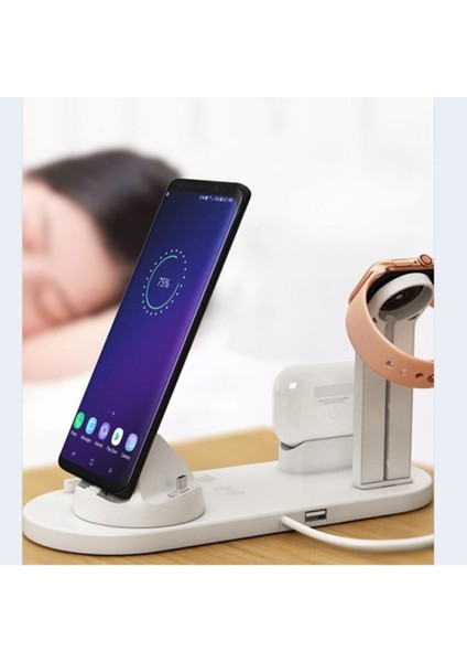 Ally 4in1 Wireless Kablosuz Şarj Iphone+Usb C+Micro USB Şarj Standı Beyaz