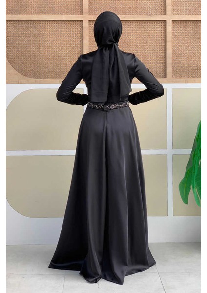 Taş Detaylı Kemer Aksesuarlı Saten Abiye Elbise 5002 Siyah fiyatları