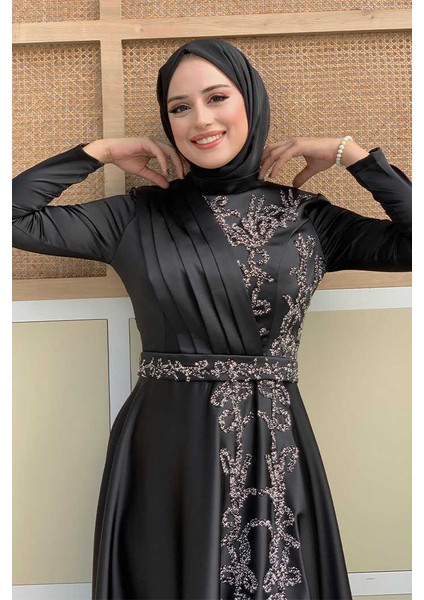 Taş Detaylı Kemer Aksesuarlı Saten Abiye Elbise 5002 Siyah fırsatları