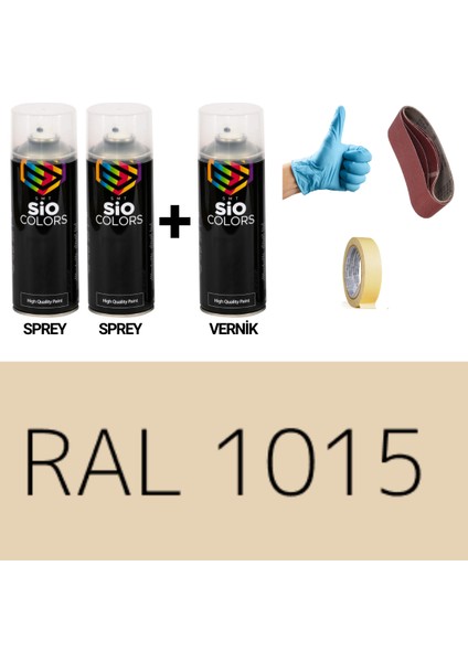 2 Adet Sprey + 1 Adet Vernik Açık Fildişi RAL-1015 Sprey Boya Seti 400 Ml+Zımpara+Kağıt Bant+Eldiven
